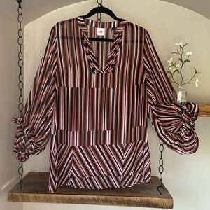 CAbi Ultimate Blouse, navy, orange, green and white broken stripe, size M
